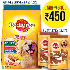 Combo: Pedigree Adult Chicken and Vegetable 1.2 kg + Two Meat Jerky Liver 80 gms