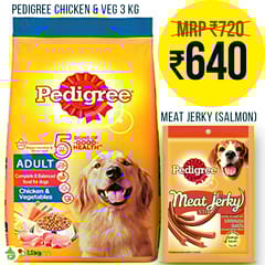 Combo: 3kg Pedigree Adult Chicken and Vegetable + Meat Jerky Smoked Salmon 60gms