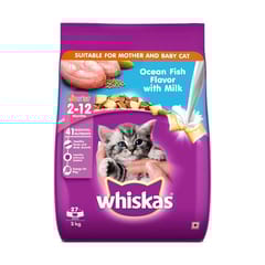 Whiskas Junior Kitten (2-12 months) Dry Cat Food - Ocean Fish Flavor with Milk, 3kg Pack