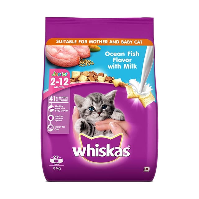 Whiskas Junior Kitten (2-12 months) Dry Cat Food - Ocean Fish Flavor with Milk, 3kg Pack